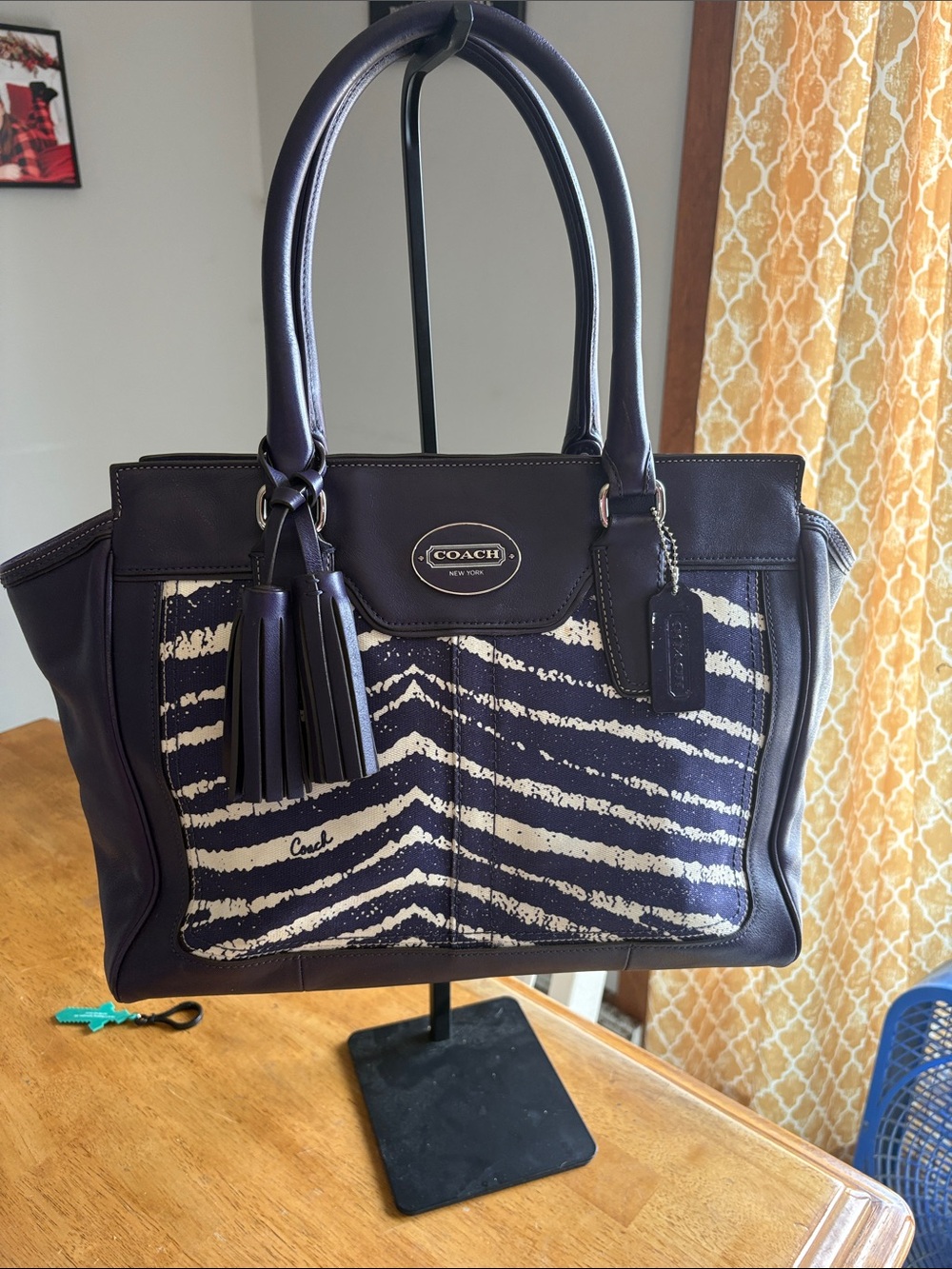 Coach Purple and White Striped Leather Shoulder Bag